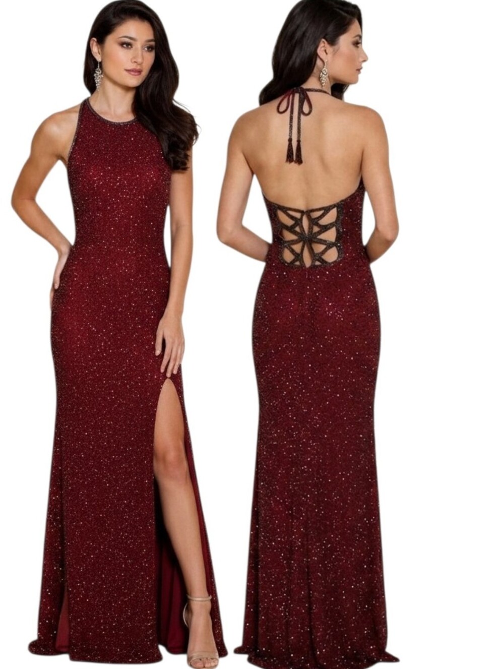 SEAN COLLECTION Burgundy Beaded Halter Evening Dress - Size S